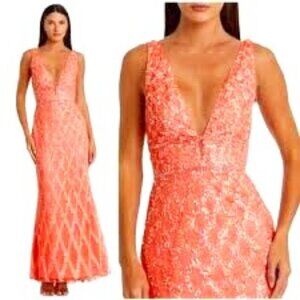 NWT MAC DUGGAL Coral Handcrafted Bead & Sequin Column Gown 16 MSRP $398